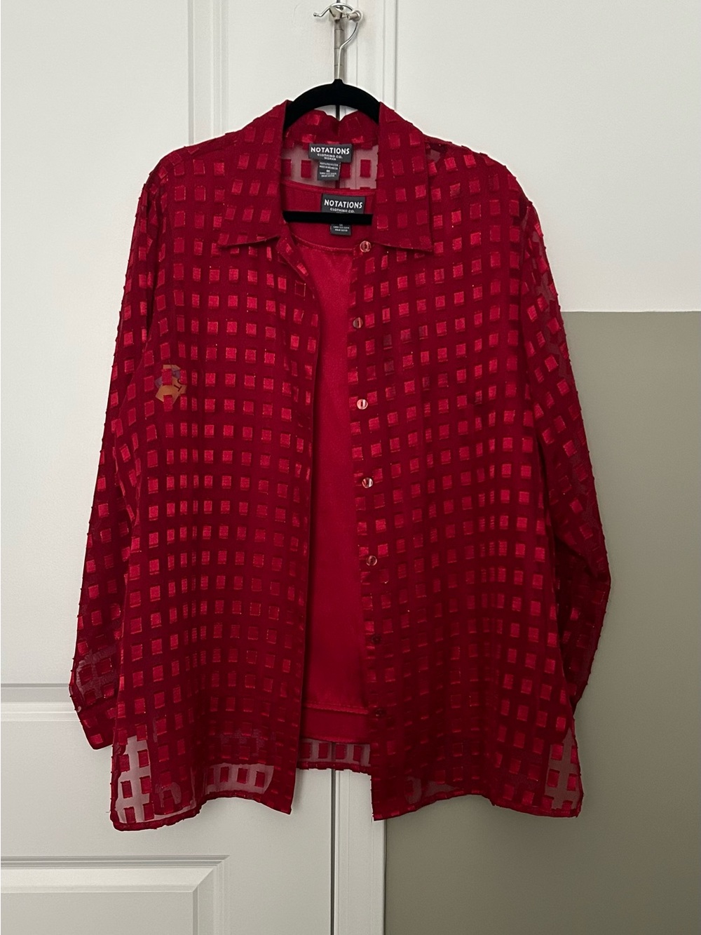 Notations Red Button-Up Sheer Check Jacket Over Red Tank Size 1X